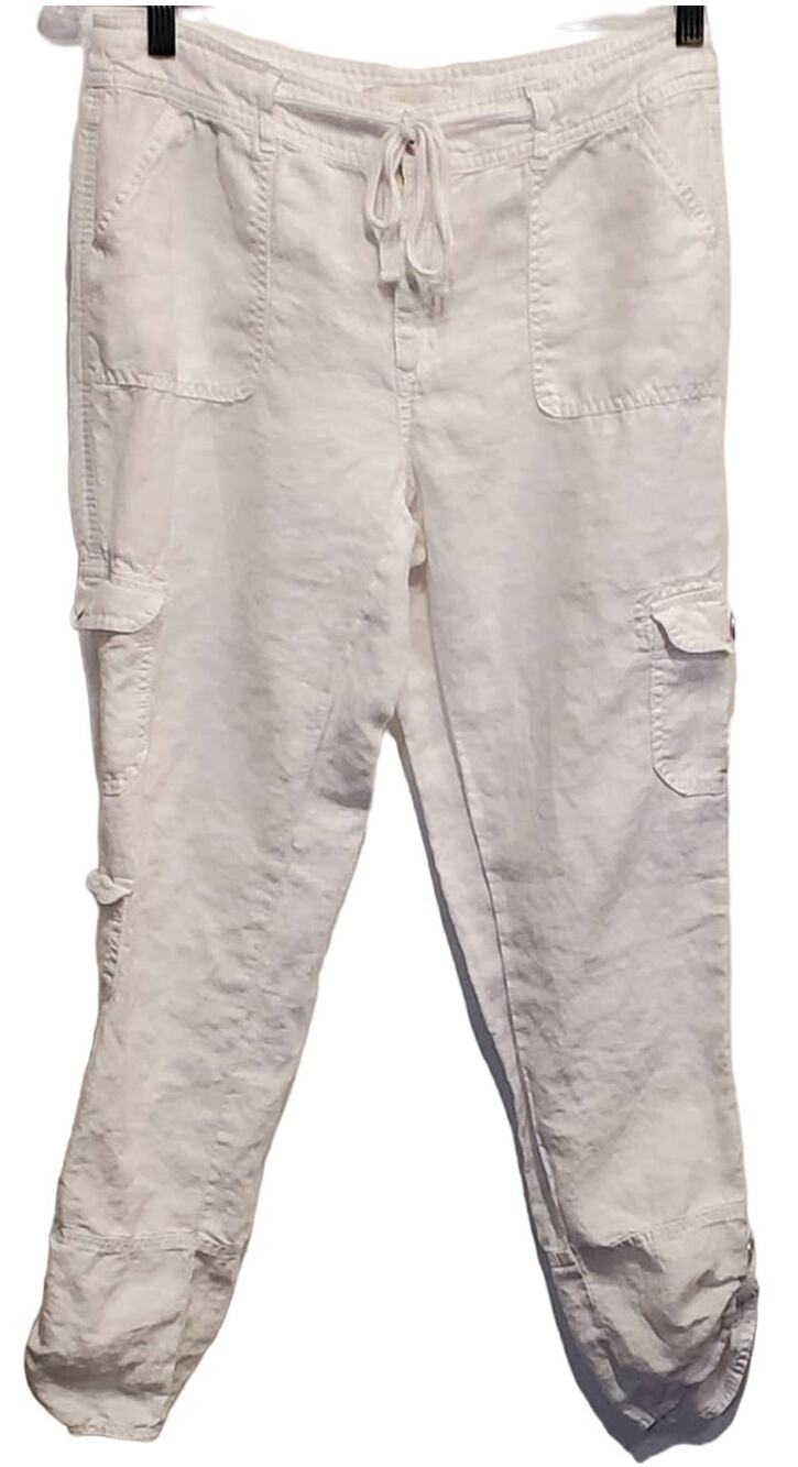CHICO'S White Pants Cropped Capri Cargo 100% Linen Pants Size 0.5